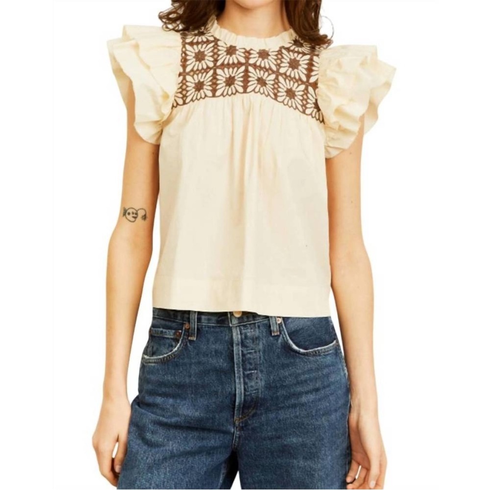 Anthropologie LOVE THE LABEL Sonora Flutter Sleeve Eyelet Top Cloud Cream Sz XS